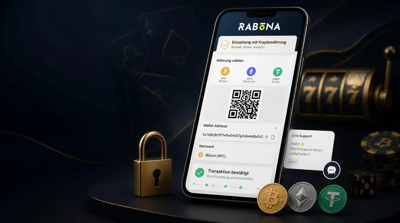 Smartphone mit Krypto-Wallet, QR-Code und bestätigter Blockchain-Zahlung für Casino-Einzahlungen