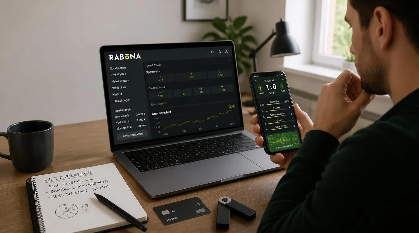 Sportwetter vergleicht Quoten und Live-Statistiken auf Laptop und Smartphone vor einer Einsatzentscheidung