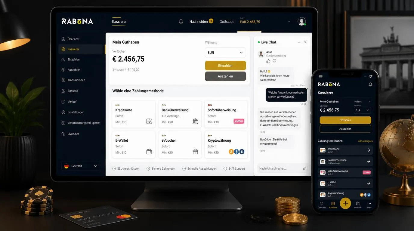 Casino-Kassenbereich mit Sprachwahl, Euro-Guthaben, Karten, Wallets und aktivem Live-Chat