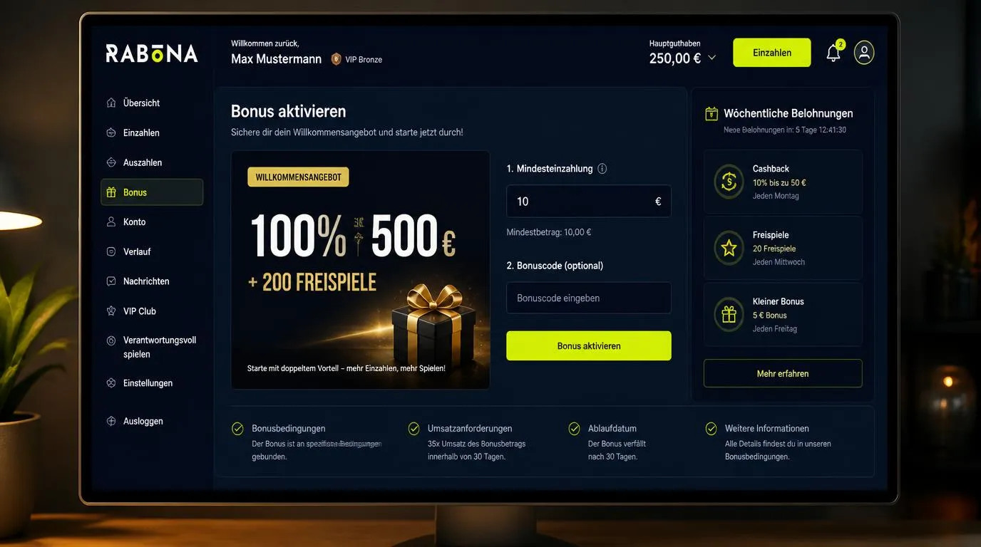 Casino-Bonusübersicht mit Willkommensangebot, Einzahlungsfeld und aktivierbaren Freispielen