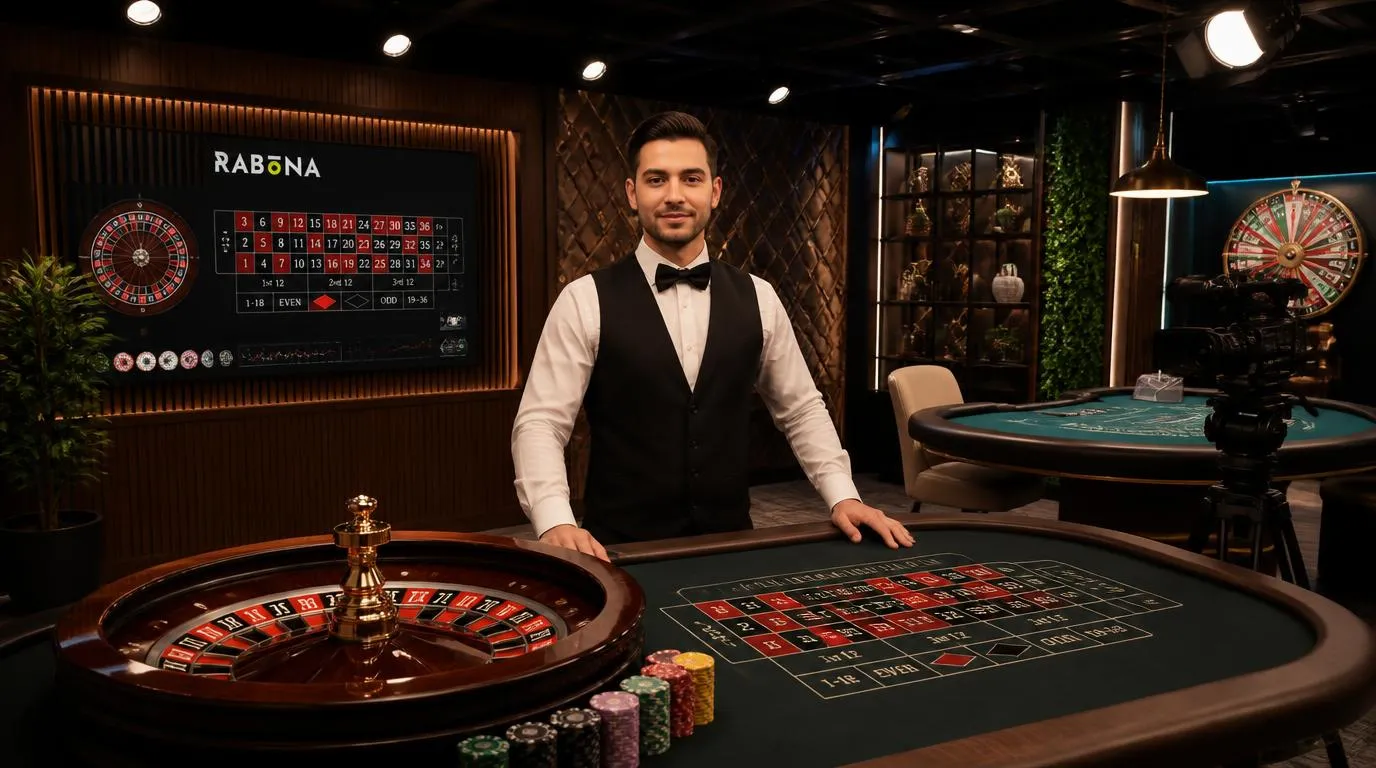 Live-Casino-Studio mit Roulette-Tisch, Croupier und hochauflösenden Kameras