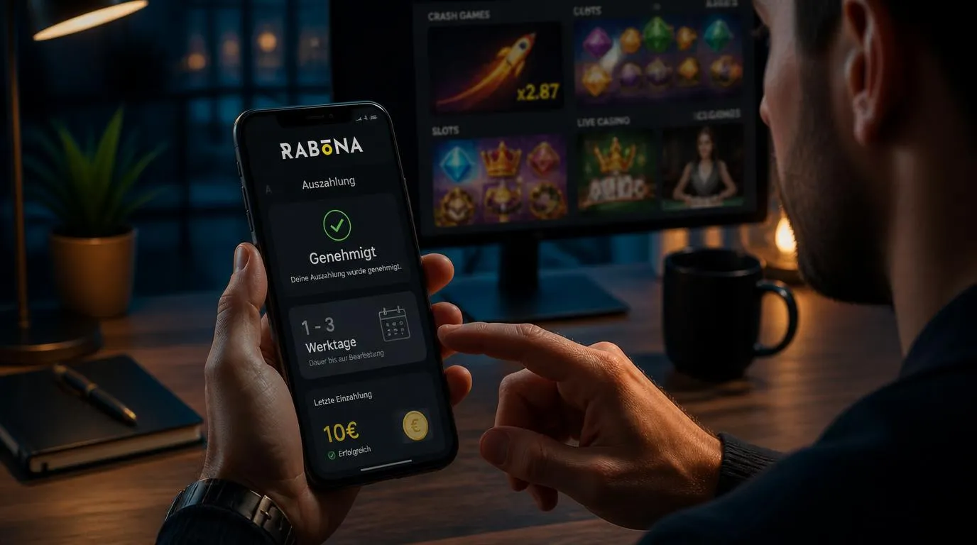 Spieler prüft auf einem Smartphone eine Casino-Auszahlung und verfügbare Spiele
