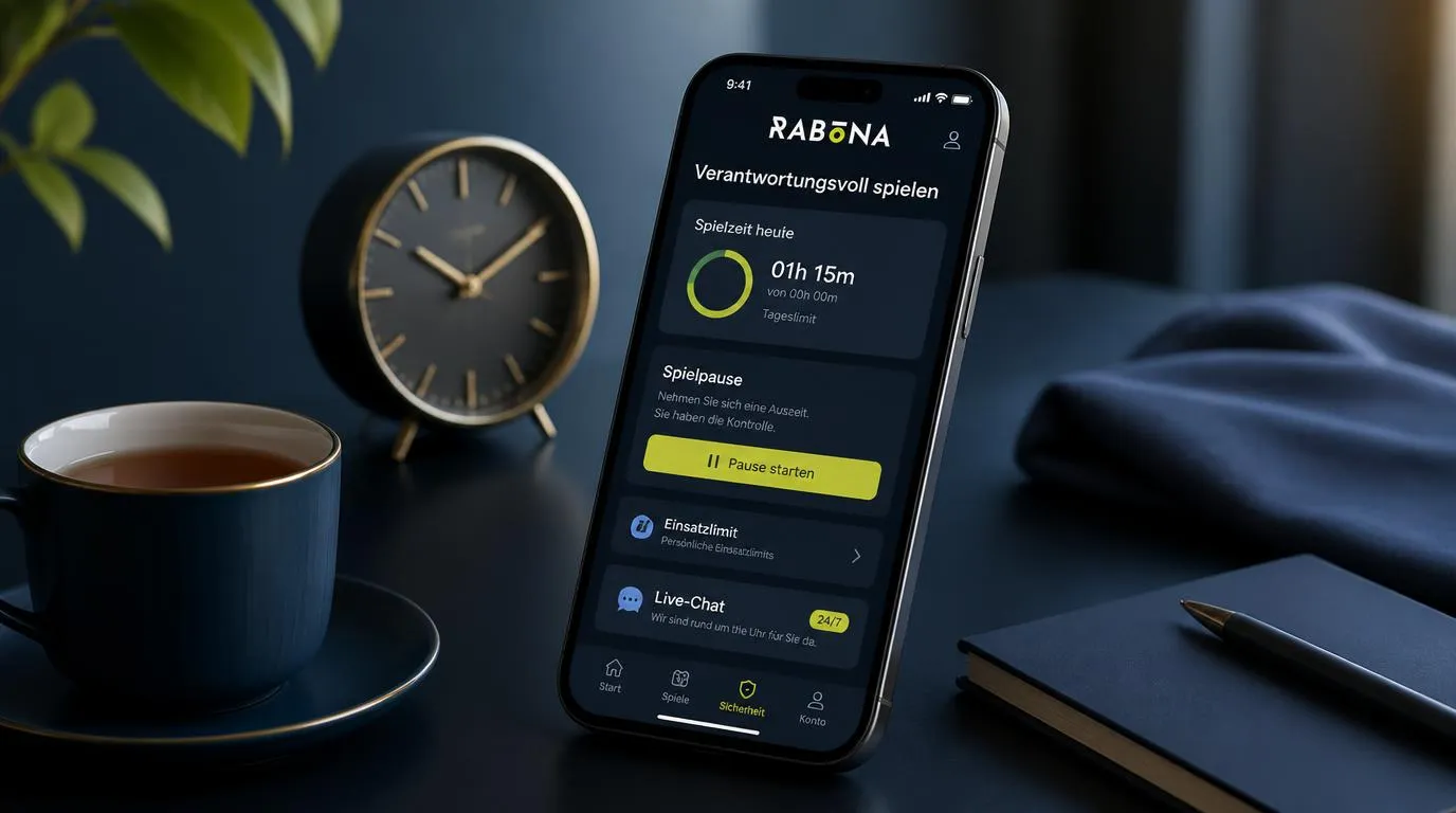Übersichtliche Casino-App mit Bereich für Spielerschutz, pausiertem Spiel und rund um die Uhr erreichbarem Live-Chat