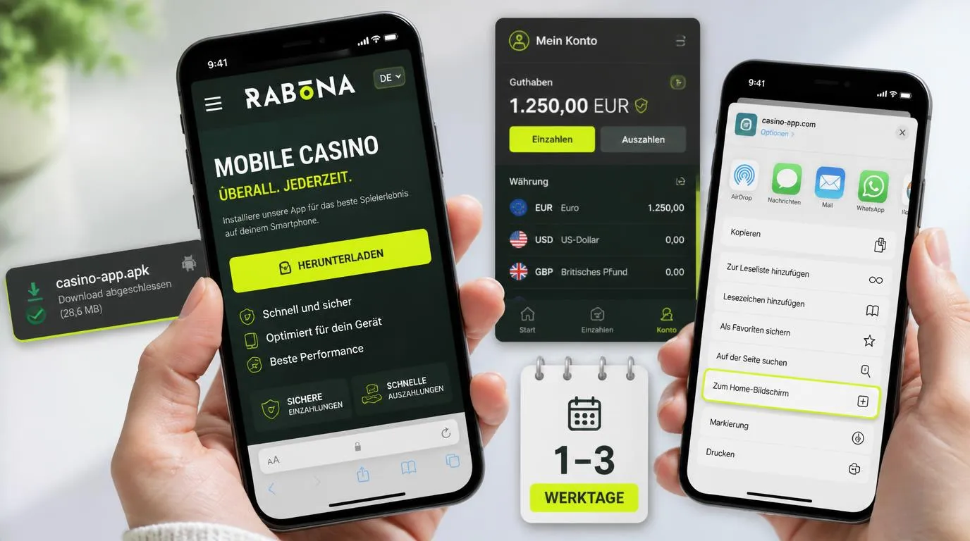 Smartphone mit mobiler Casino-Website, Download-Schaltfläche und Home-Bildschirm-Verknüpfung