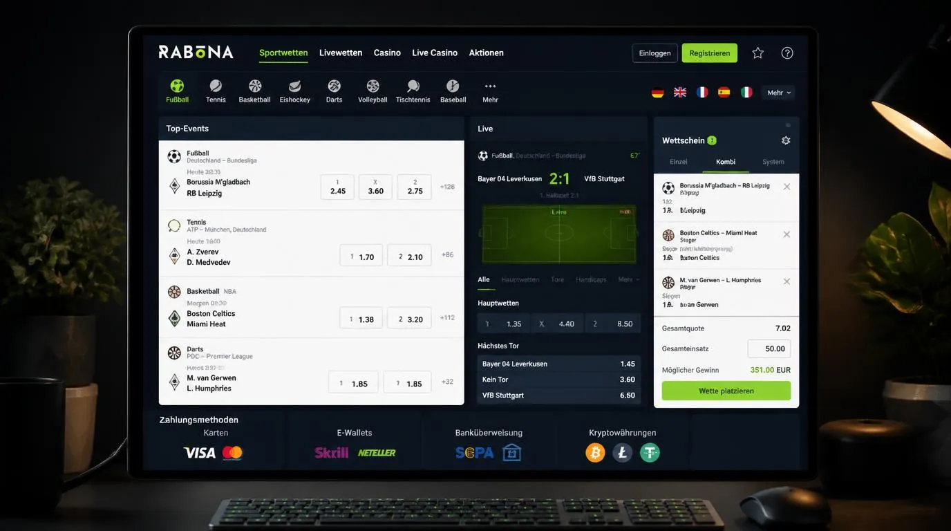 Sportwetten-Oberfläche mit Fußball-, Tennis- und Live-Märkten sowie geöffnetem Wettzettel